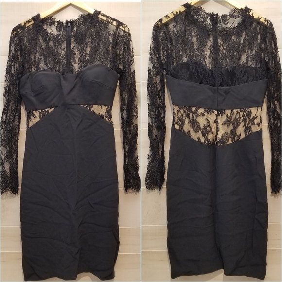 {2} Monique Lhuillier Elegant Black Lace Bodycon Dress